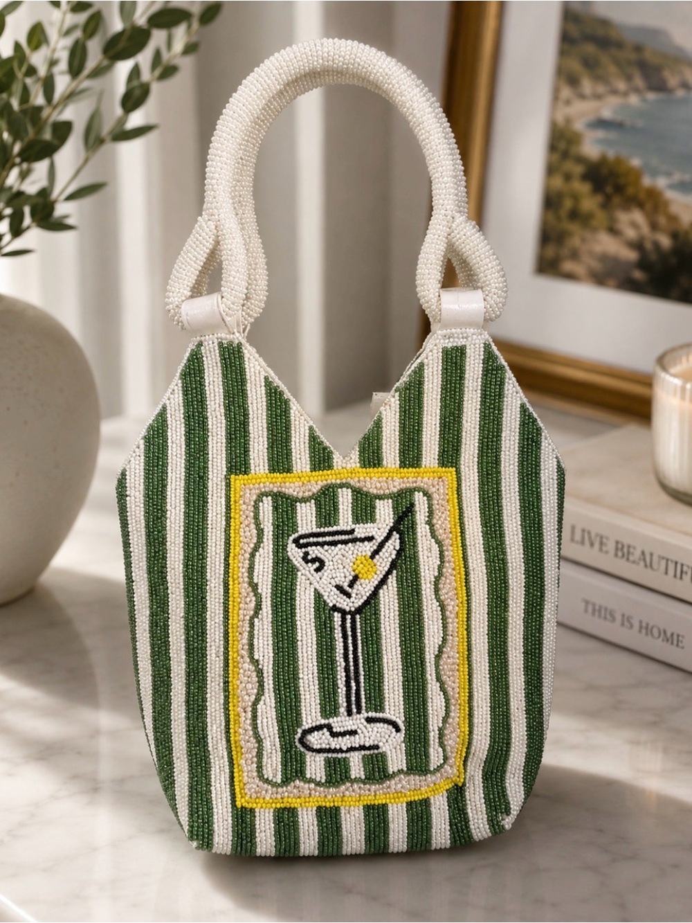 Green & White Beaded Martini Mini Tote